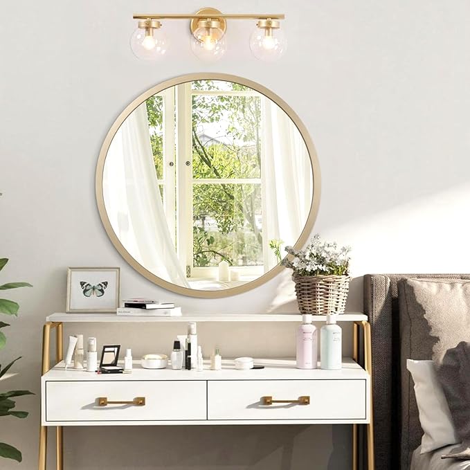 JJUUYOU Circular Wall Mirror Decorative Round for Bathroom Small Decor Circle Metal Framed Make up for Farmhouse Living Room Bedroom Dorm 20Inch