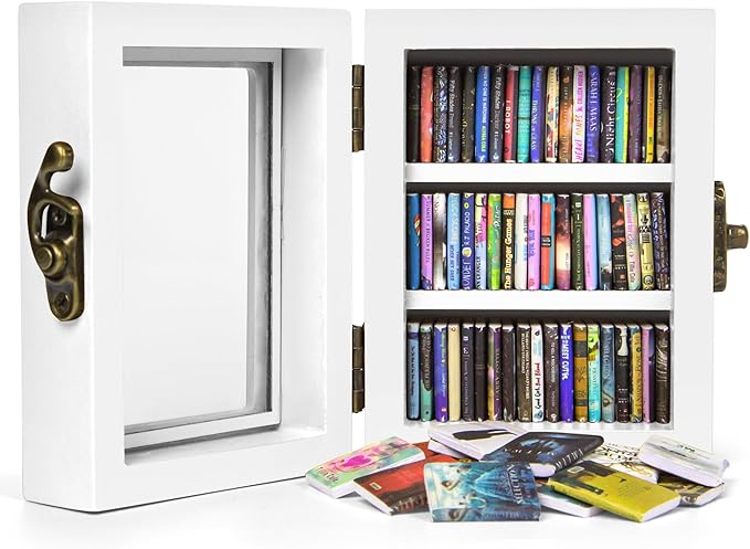 Anxiety Mini Bookshelf Mini Books with 60PCS Wooden Miniature Book Library for Stress Relief, Home and Office Decor, Unique Gift for Book Lovers - White