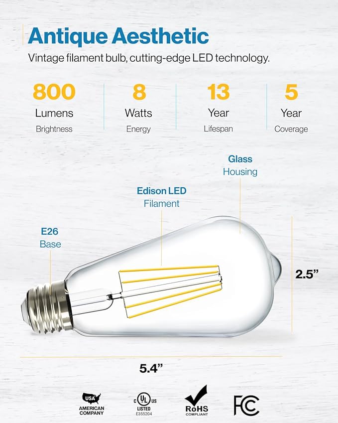 Sunco 20 Pack Edison Bulbs LED ST64, Clear Vintage Filament Waterproof Bulb, 800 LM, 8W (60W Equivalent), ST19, 6000K Daylight Deluxe, E26 Medium Base, Decorative Dimmable UL