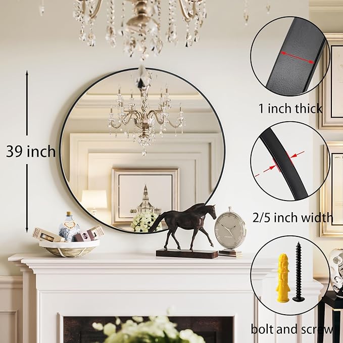 Growsun 39 inch Black Round Mirror, Large Wall Mounted Circle Mirror Metal Frame for Bathroom, Entry, Dining Room, & Living Room