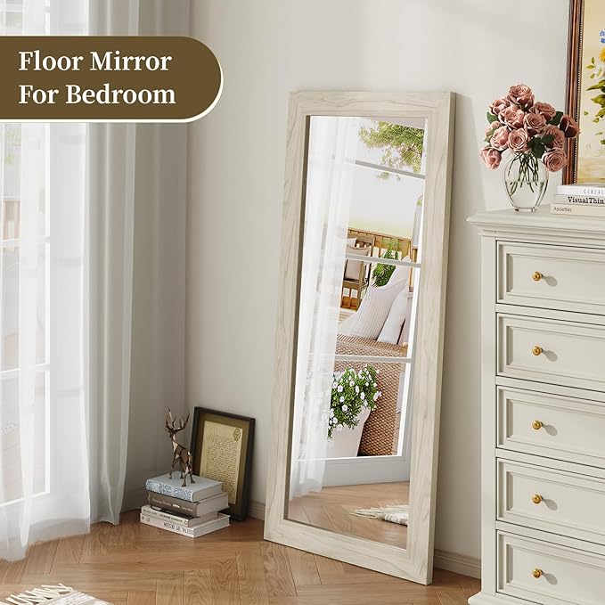 Syndra Modern Full Length Mirror Wood Frame, 56x20'' Large Floor Mirror with HD Tempered Glass & Wall Mount Option, Rectangular Standing Mirror for Bedroom, Living Room, Entryway, Farmhouse(White Oak)