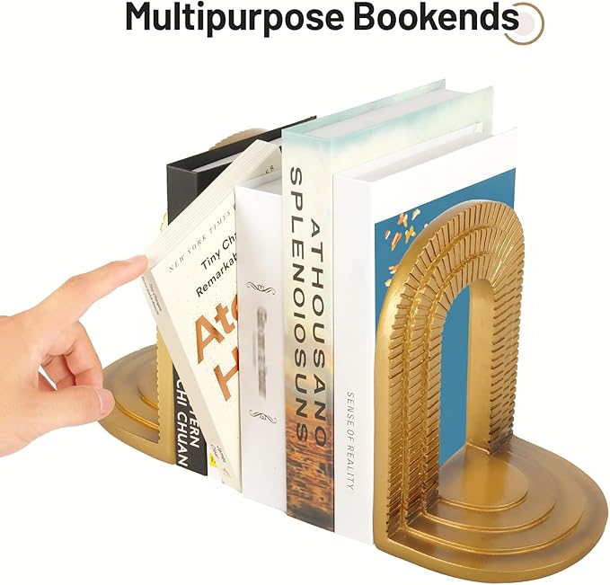 Decorative Gold Bookends for Heavy Books - Set of 2 Vintage Arch Book Ends for Shelves Non-Skid Book Stopper for Christmas Birthday Mother’s