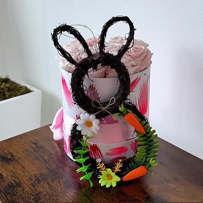 Berfutall-Easter Bunny Basket Decoration with Flowers, Spring Decor with Pastel Eggs(2D)
