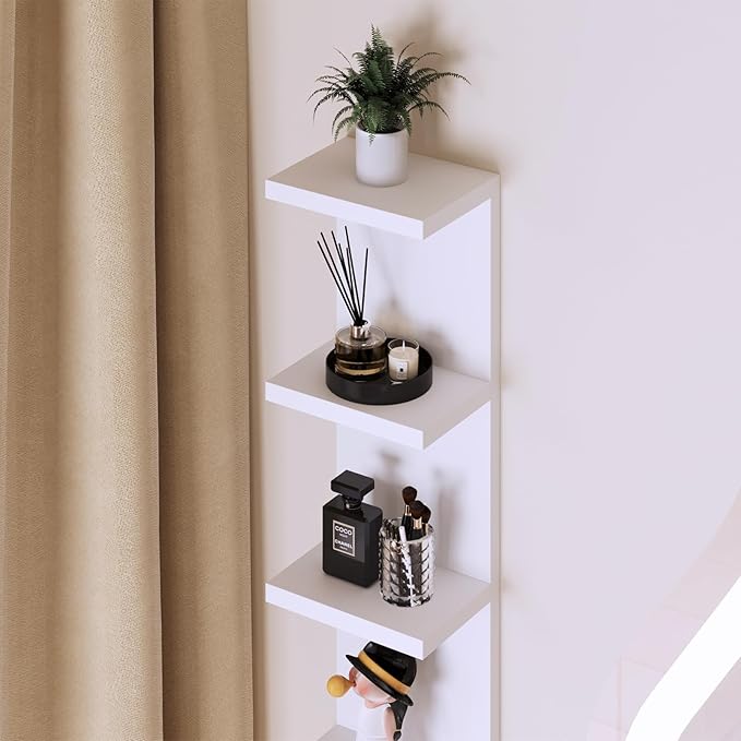 LitaEther 4 Tier White Lack Shelf Vanity Wall Shelf with 10 Crystal Hooks - Multi-Functional Storage for Makeup, Jewelry, Plants, Awards & Display (L7.1 x W5.5 x H30.7) (1)