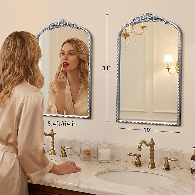 Micasso Vintage Arched Silver Mirror: 31"x19" French Baroque Antique Mirror - Traditional Ornate Decorative Mirrors for Wall/Bathroom/Entryway/Fireplace/Hallway - Home Decor for Living Room