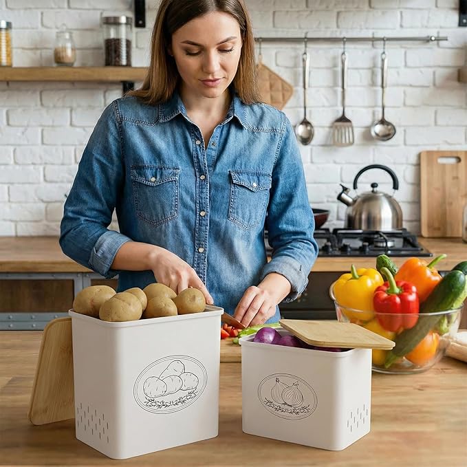 Lifewit Potato and Onion Storage Bin, Stackable Garlic Keeper with Aerating Holes and Lid, Plastic Vegetable Container Box for Pantry Countertop, White, 24 x 18 x 24 cm/9.5 x 7 x 9.5 inch, Set of 2