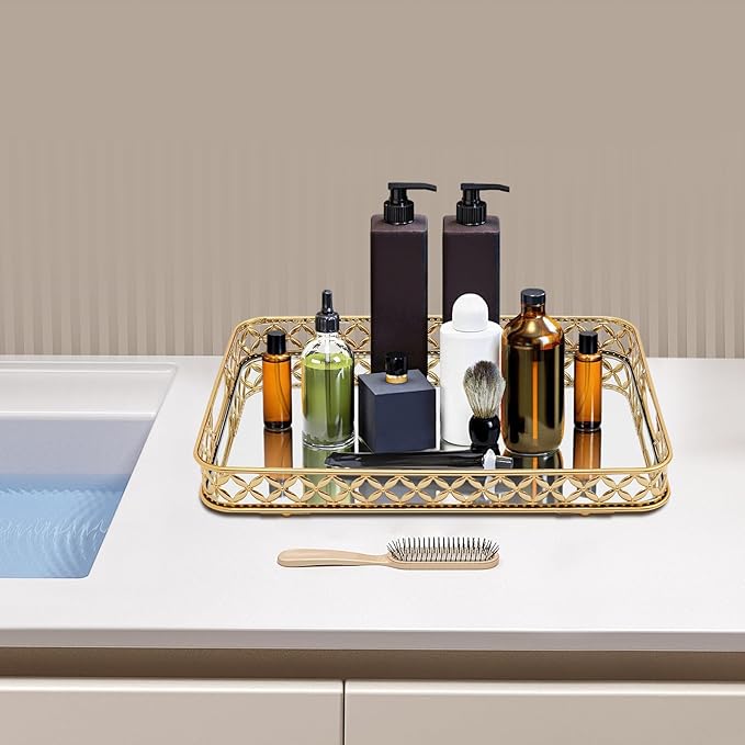 12.6 Inch Gold Mirrored Vanity Tray,Metal Mirror Decorative Jewelry Storage Tray with Handle,Perfume Makeup Organizer Trays for Dresser Bathroom Counter Home Decor