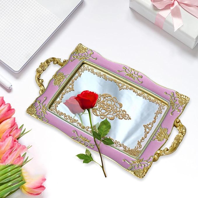 French Style Decorative Mirror Tray, Dresser Counter Coffee Table Jewelry Perfume Organizer for Makeup Jewelry (Purple)