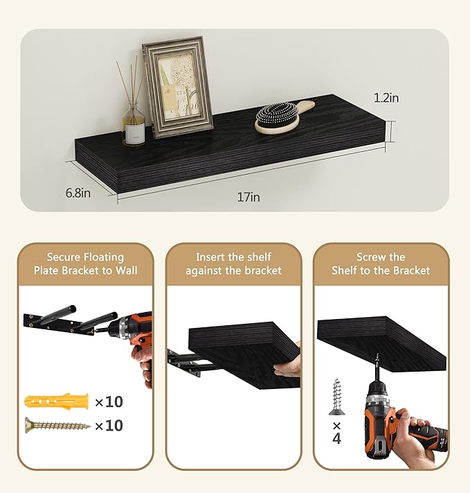Vervida® Home Decor Floating Shelves for Wall 3 Pack 17" W x 6.8" D Black Shelves for Bedroom, Living Room, Kitchen, Bathroom Decor Hanging Shelves for Wall Storage Shelf
