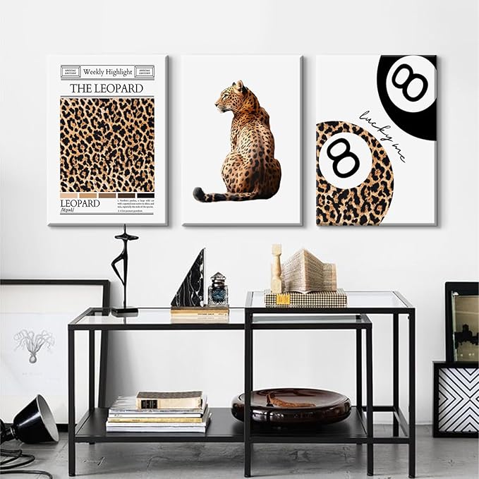 Trendy Leopard Wall Art Cheetah Print Canvas Wall Decor 8 Ball Poster Preppy Room Aesthetic Pictures Funky Coquette Vintage Prints Y2k Fashion Lucky Posters for Bedroom 12x16x3 Inch Wrapped Canvas
