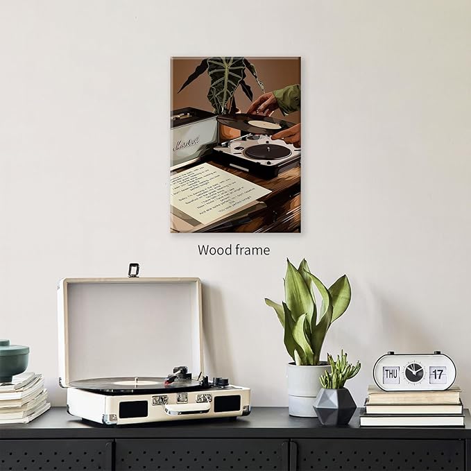 Music Record Canvas Poster Vintage Black Girl Fashion Wall Art Abstract African Woman Painting Prints 24X36 inch Framed for Bar Bedroom Living Room Wall Decor