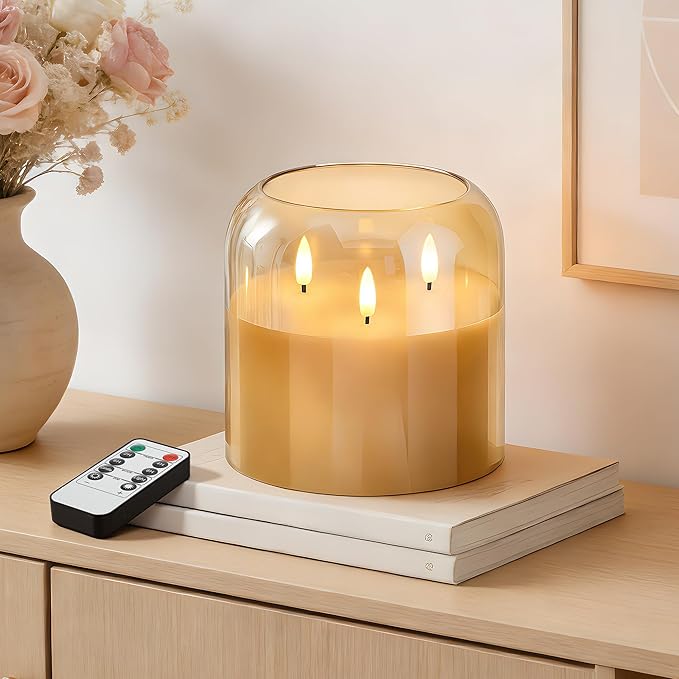 3 Wick Glass Flameless Candle with Remote and Timer, 6"x6" Extra Large Real Wax LED Pillar Candle Battery Operated with 3D Flickering Flame for Festival Wedding Home Party Decor (Gold)