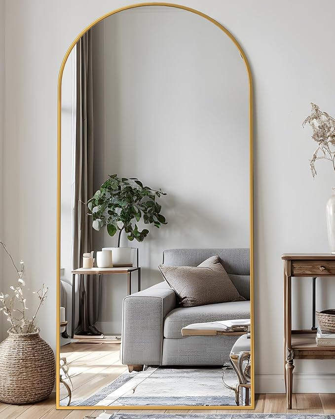 Full Length Mirror, 58"x21" Arched Floor Mirror Freestanding, Floor Standing Full Body Mirror with Stand for Bedroom, Hanging Mounted for Living Room Cloakroom, Gold