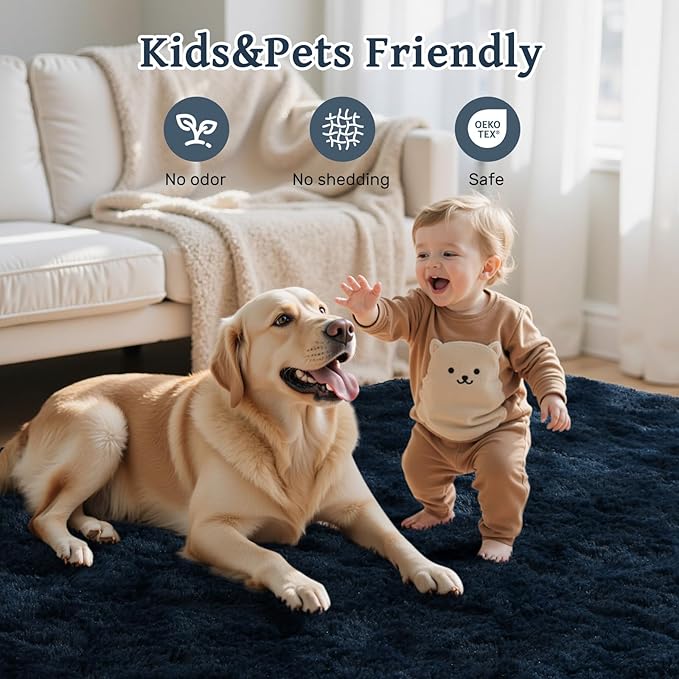 Fluffy Area Rug Blue 3x5 Rugs for Bedroom, Plush Soft Navy Blue Shag Carpet for Living Room Boys Book Room Nursery Kids Playroom Dorm Decor