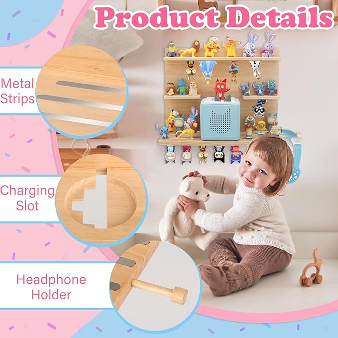 for Tonies Box Storage Shelf Wall Mounted, 3-Tier Magnetic Pine Wood Floating Shelves Organizer for Tonie box1/2 Player, Tonies Figures, Earphones, Display Collection 20~30 Characters