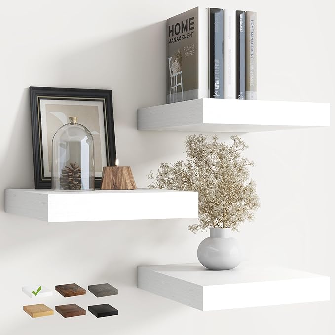 12 Inch Floating Shelves for Wall with Invisible Brackets Set of 3, 12"D Engineered Wood Wall Shelves with Wood Grain for Living Room, Bedroom, Bathroom, Kitchen Decor and Storage, White Finish
