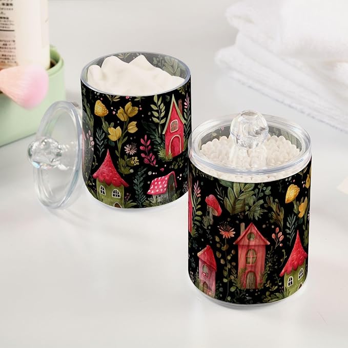 2 Pack Apothecary Jars Watercolor Red House Dark Bathroom Vanity Storage Organizer Set,Small Clear Plastic Storage Jars Bathroom Canister for Cotton Swabs, Rounds, Balls, Qtips,Makeup Sponges,