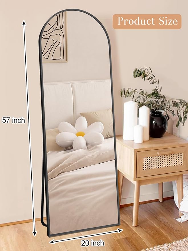 GlasFlength Arched Full Length Mirror with Stand, 57"x20" Free-Standing Leaning Wall-Mounted Mirrors, Elegant Body Mirror for Living Room, Bedroom & Cloakroom, Black
