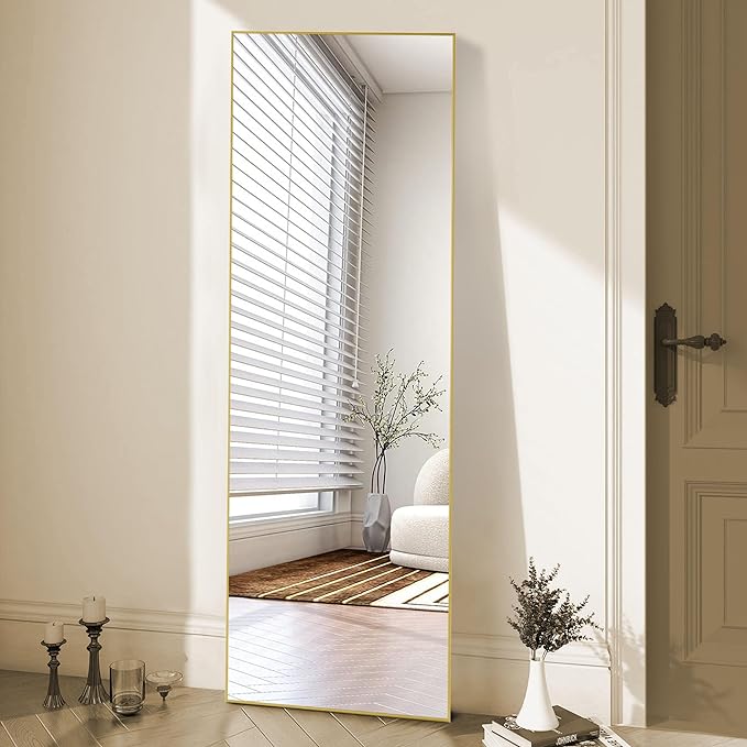 OLIXIS Full Length Mirror for Bedroom, 58"x19" Full Body Mirror with Stand, Hanging or Leaning for Wall, Aluminum Alloy Thin Frame Floor Standing for Living Room, Long, Gold