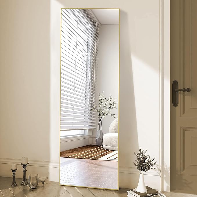 OLIXIS Full Length Mirror for Bedroom, 65"x24" Full Body Mirror with Stand, Hanging or Leaning for Wall, Aluminum Alloy Thin Frame Floor Standing for Living Room, Long, Gold
