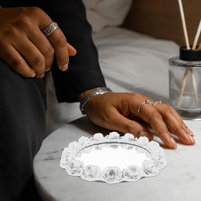 Pearl White Mirror Surface Rose Edge Jewelry Tray Decorative Vanity Organizer for Perfume Makeup and Snack Storage in Bedroom and Bathroom