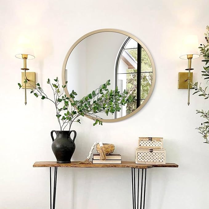 JJUUYOU Circular Wall Mirror Decorative Round for Bathroom Small Decor Circle Metal Framed Make up for Farmhouse Living Room Bedroom Dorm 20Inch