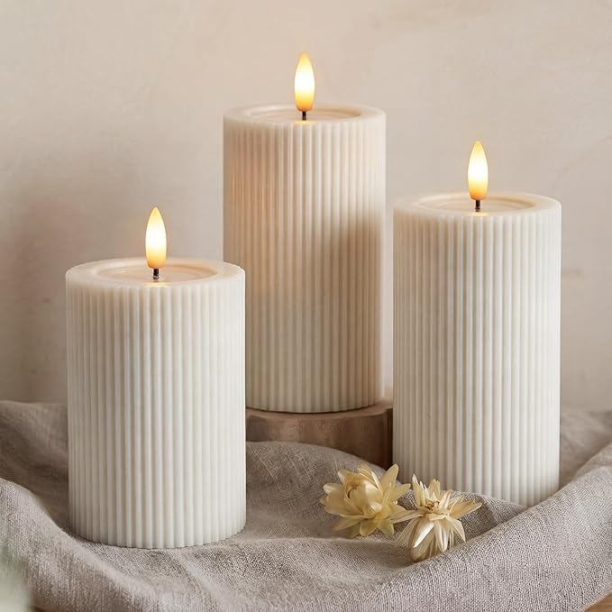 Fluted Ribbed LED Pillar Candles, Cream Beige, with Reflective Melted-Wax Effect – Flickering Flame, Remote, Dimmable, Flameless, Battery Operated, Home & Wedding Decor (Set of 3)