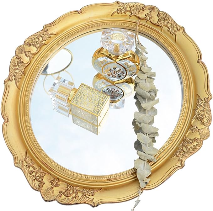 Veemoon Retro Makeup Mirror Tray for Vanity Table, Gold Metal Cosmetic Organizer Plate, Vintage Style Wall Hanging Mirror for Beauty Salon and Home Use