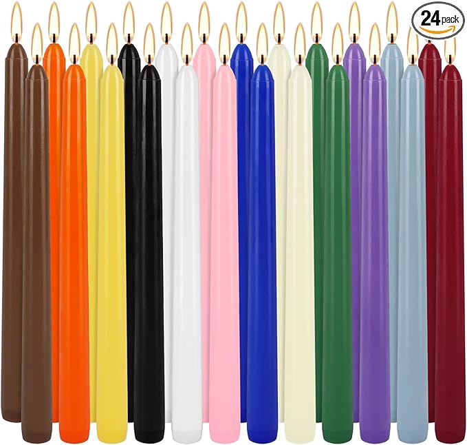 YOROXRG 24 Colored Taper Candles, 7-8 Hours Burn Time, Unscented, Smokeless and Dripless, 0.75 x 10 Inch Dinner Candle Set for Household, Wedding, Party and Home Décor Candlesticks