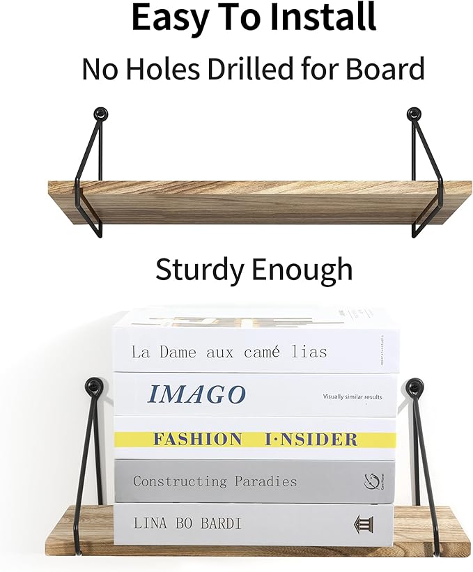 Sapowerntus Floating Shelves Wall Mounted Shelf Rustic Light Wood Bathroom Bedroom Kitchen Hanging Storage Organizer with Triangle Metal Brackets Farmhouse Living Room Office Home Decor Set of 2