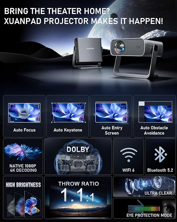[Officially-Licensed App & Auto Focus] Light Grey Smart Standard Projector with WiFi and Bluetooth, XuanPad 4K Support Movie Projector, Portable Native 1080P Outdoor Projector with 360° Stand