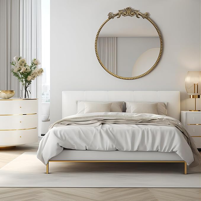 Round Mirror, 24''Baroque Style Circle Mirror Vintage Gold Metal Frame Wall Mirrors for Vanity, Bathroom or Bedroom