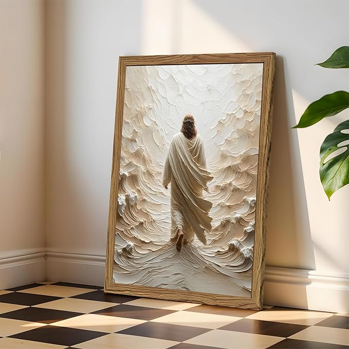 Jesus Walking on Water Wall Art, Frame 3D Textured Hand Drawn Sandstone Christian Wall Decor Paintings, Religious Spiritual Pictures for Living Prayer Room Bedroom 16x24 inch Wood Framed