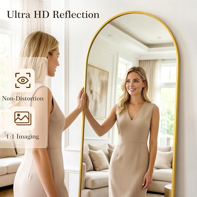 77"x38" Arched Full Length Mirror with Stand, Free Standing Leaning Wall Mounted Aluminum Alloy Frame Mirror for Bedroom Living Room Cloakroom, Gold