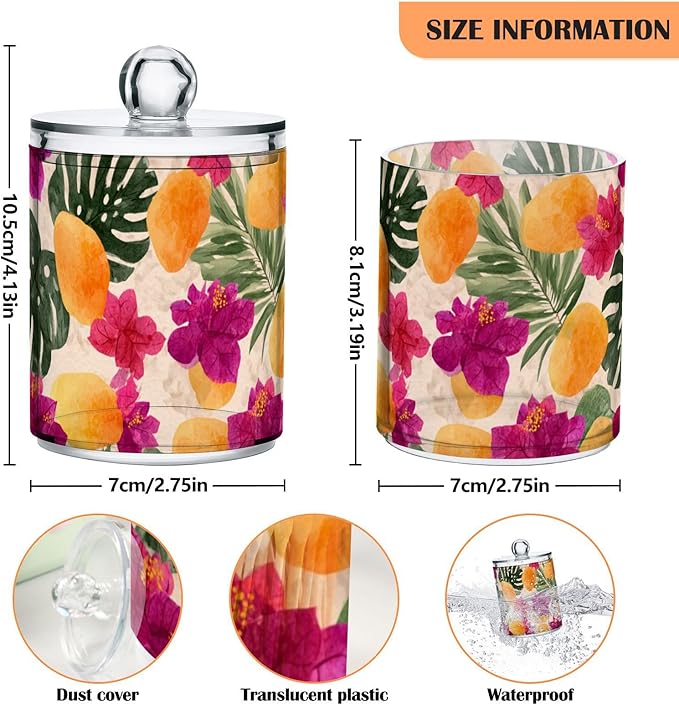 2 Pack Apothecary Jars Artistic Tropical Floral Yellow Bathroom Vanity Storage Organizer Set,Small Clear Plastic Storage Jars Bathroom Canister for Cotton Swabs, Rounds, Balls, Qtips,Makeup Spo