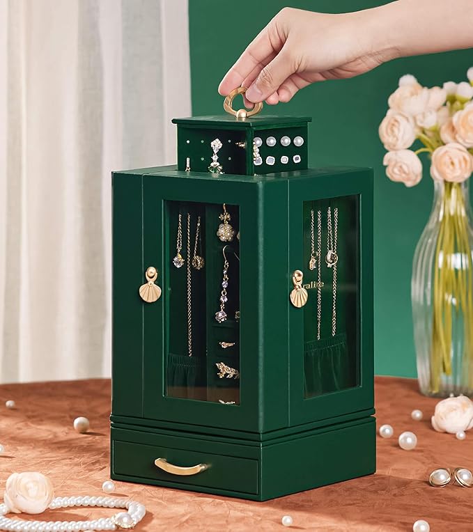 Enthralite Jewelry Box Large for Dresser: Women Necklace Ring Storage Organizer with Compartments - Elegant Earring Holder Display - 360° Rotating Jewelry Organizer with Glass Door