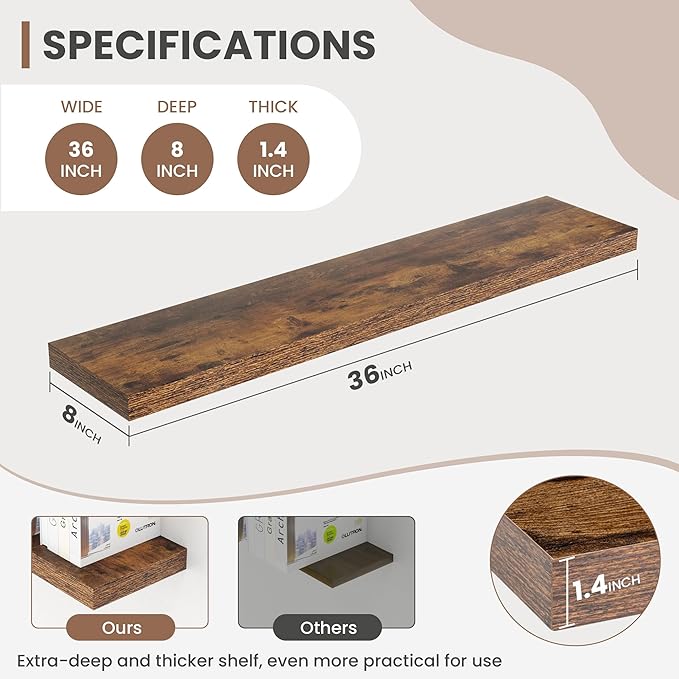 Acovy 36 Inch Floating Shelves, 8 Inch Deep Floating Shelves for Wall, Hanging Shelf with Invisible Brackets, Deep Shelves for Bathroom, Bedroom, Living Room, Brown, Set of 2