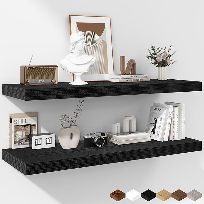 Fun Memories Floating Shelves - 2 Pack 12 Inch Rustic Wooden Wall Shelves - Extra Deeper & Thicker Wall Mounted Storage Shelf for Living Room, Kitchen, Farmhouse - 36" W x 12" D x 1.8"H - Rustic Black