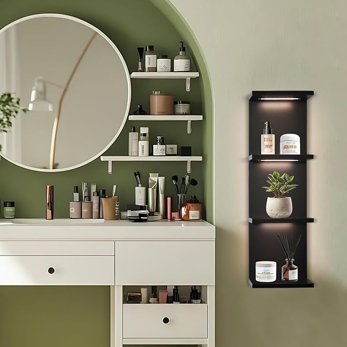 VIWODS 4-Tier Wall Shelf Unit with LED Lights, Floating Lack Shelf for Home Decor, Wall Mounted Vertical Display Shelf for Bedroom Living Room Vanity, Black