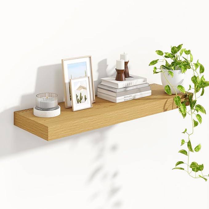 Heimlove 36 Inch Floating Shelves for Wall,10 Deep Wood Shelves with Invisible Brackets,Wall Mounted Storage & Display Shelves for Bedroom,Living Room,Kitchen,Office,Oak Color