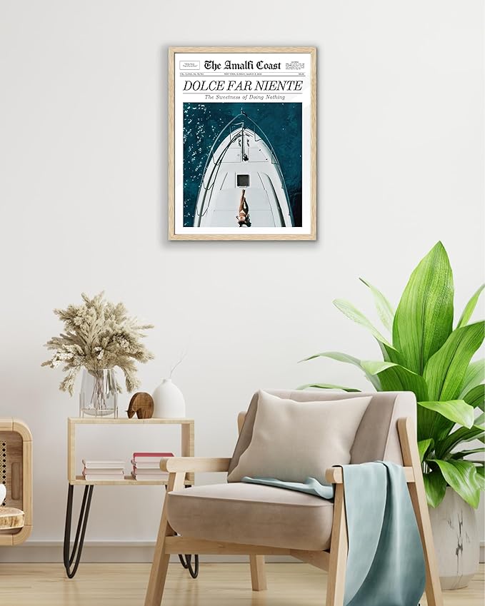 EcoHest UnframedTrendy Newspaper Dolce Far Niente Wall Art, 12x16 in OAK Wood La Dolce Vita Canvas Art, Magazine Italian Summer Headline Print Decor, Beige Logs Set of 1 for Bedroom Living Room
