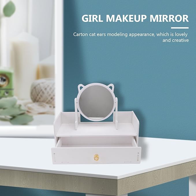 ARTIBETTER Desktop Makeup Mirror with Storage Drawer, Large Portable Cosmetic Organizer Box, Round Mirror with Single Drawer, Home Dressing Table Makeup Storage Solution