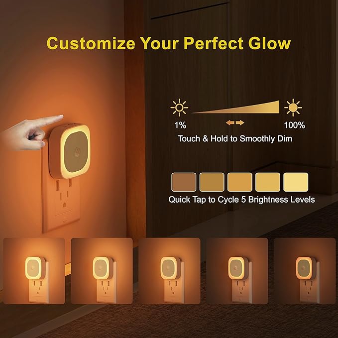 YUNLEX 2 Pack Plug in Night Light with Motion Sensor & Dusk to Dawn Sensor, 3 Sensor Modes, Dimmable Night Lights Plug into Wall, Amber Nightlight for Sleep, Bathroom, Bedroom, Indoors, Kids