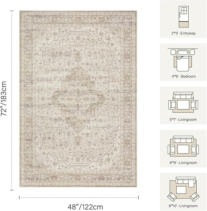 Rugxara Washable Area Rug for Living Room, Vintage Neutral Boho Rugs for Office, Dining Room, Kids Room, Farmhouse, Durable Low Pile Non Slip Carpet for High Traffic Areas, Cream(4x6ft)