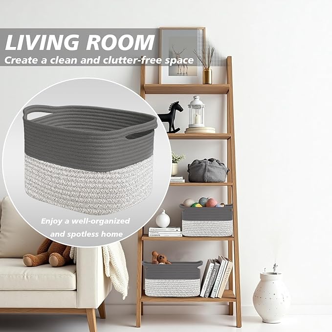Woven Storage Basket, Cotton Rope Closet Organizers Bins for Clothes Blanket Towels, Stylish Gift Baskets with Handles, 13.4 x 9.3 x 9.5 in, Grey and Dark Gray (Pack of 1)