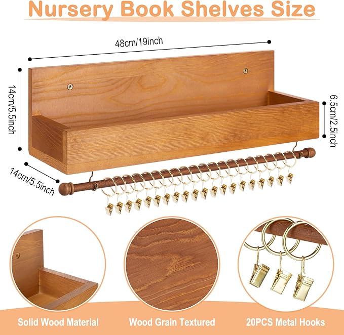 Suzile Wood Floating Shelf with Towel Bar & 20 Hooks, Large Capacity 19x5.5x5.5 Inch Wall Mounted Storage Organizer for Nursery, Kitchen, Bathroom, Living Room, Bedroom