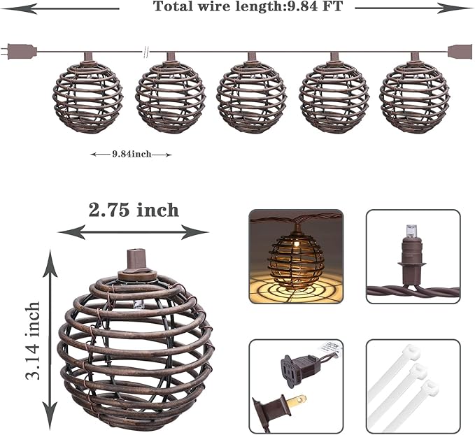 Vigdur Patio String Lights Outdoor, Brown Globe Lantern String Lights with 10 Bulbs Plug in, Connectable Indoor String Light for Home Garden Backyard Boho Decor(9.84FT)