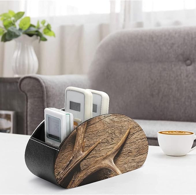 Deer Antlers On Wood Table Rustic TV Remote Control Holder Storage Organizer Box with 5 Compartments For Home Office Desktop