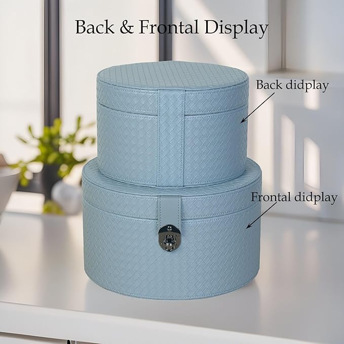 Set of 2 Round Blue Artificial Leather Decorative Boxes with Black Decorative Buckle for Home Decor