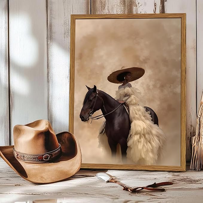 Framed Western Cowgirl Wall Art, Fashion Black Girl Riding Horse Canvas Wall Decor Painting, Black Woman African American Bride Pictures Prints Aesthetic Home Decor for Living Room Bedroom 16x24 inch